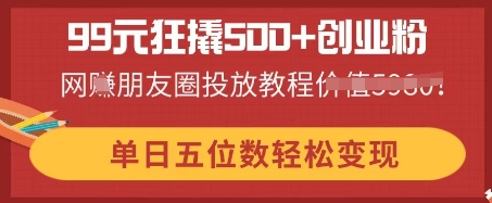 99元狂撬500+创业粉,单日五位数轻松变现,网创朋友圈投放教程-星叙轻创